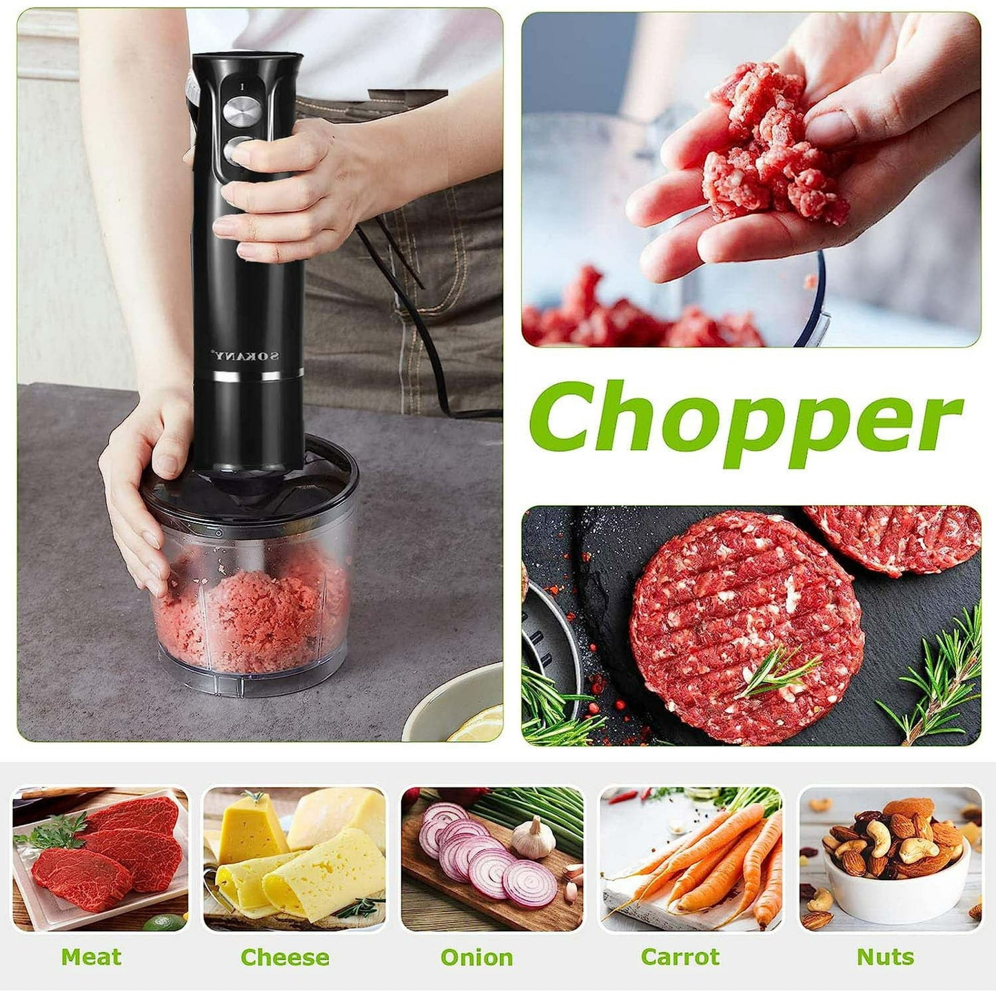 BN-LINK Immersion Blender, Hand Blender Electric, 4-in-1 Immersion Blender Handheld, 2-Speed, 500W Hand Blenders Immersion, Hand Mixer for Smoothies, Baby Food & Soup, Black
