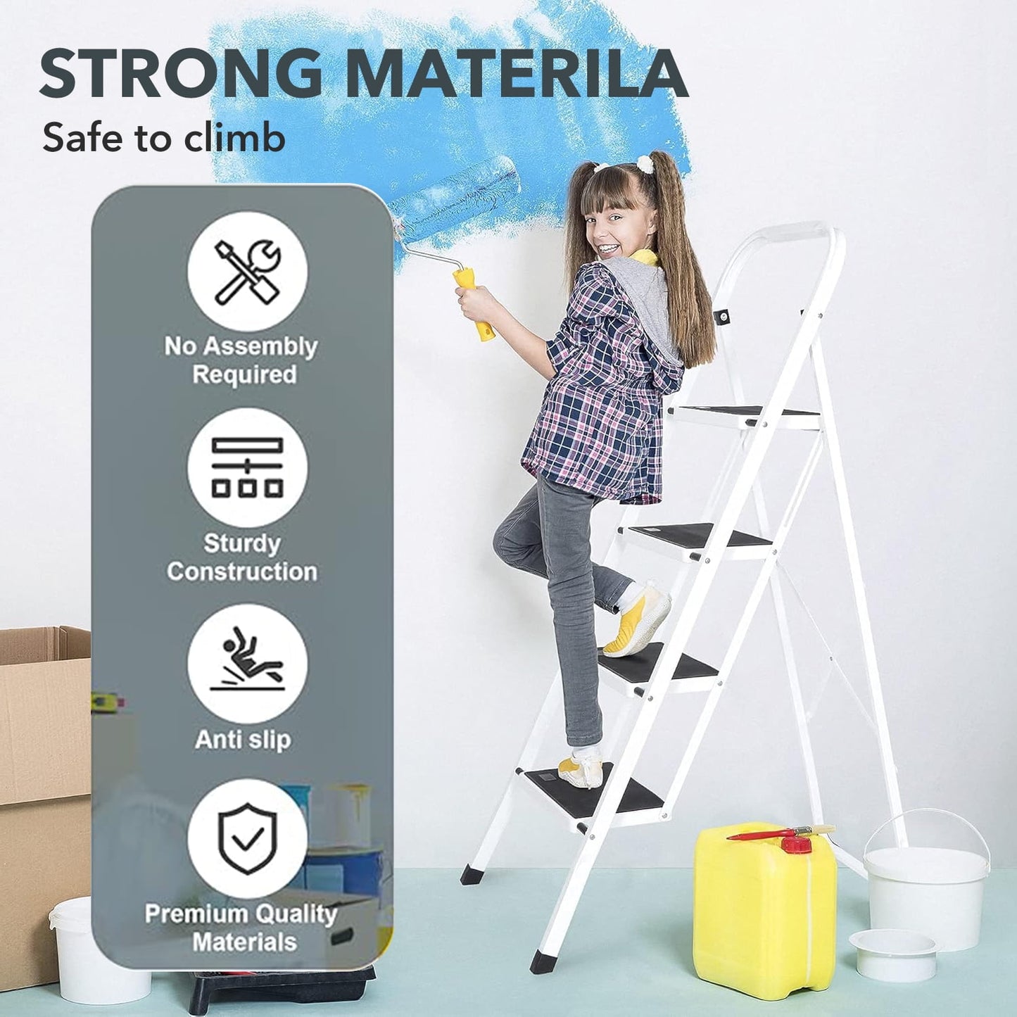 Behome 4 Step Ladder, Folding Step Stool with Wide Anti-Slip Pedal, Portable Sturdy Iron Ladder with Handrails for Home, Office, Library, 330 lbs Capacity, White & Black