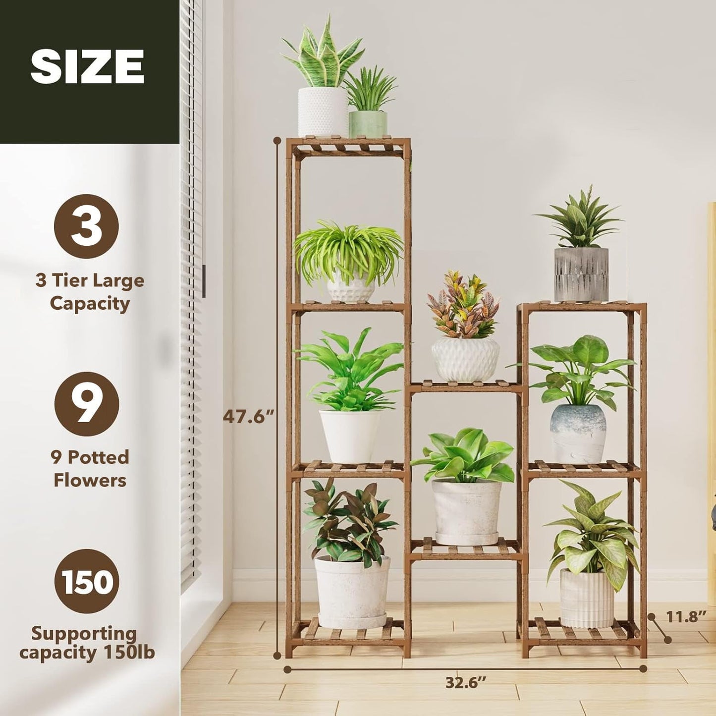 Behome Plant Stand Indoor, Wood Plant Shelf with 3 Tier Ladder & 9 Pots, Corner Plant Stand, Tall Plant Holder for Living Room & Balcony, Home Decor