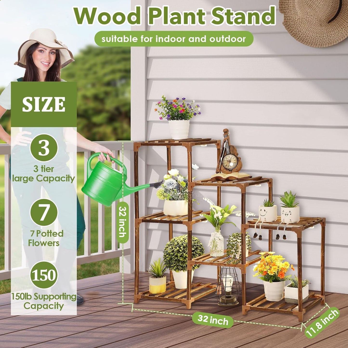 Behome Plant Stand Indoor, Wood Plant Shelf with 3 Tier Ladder & 7 Pots, Corner Plant Stand, Tall Plant Holder for Living Room & Balcony, Home Decor