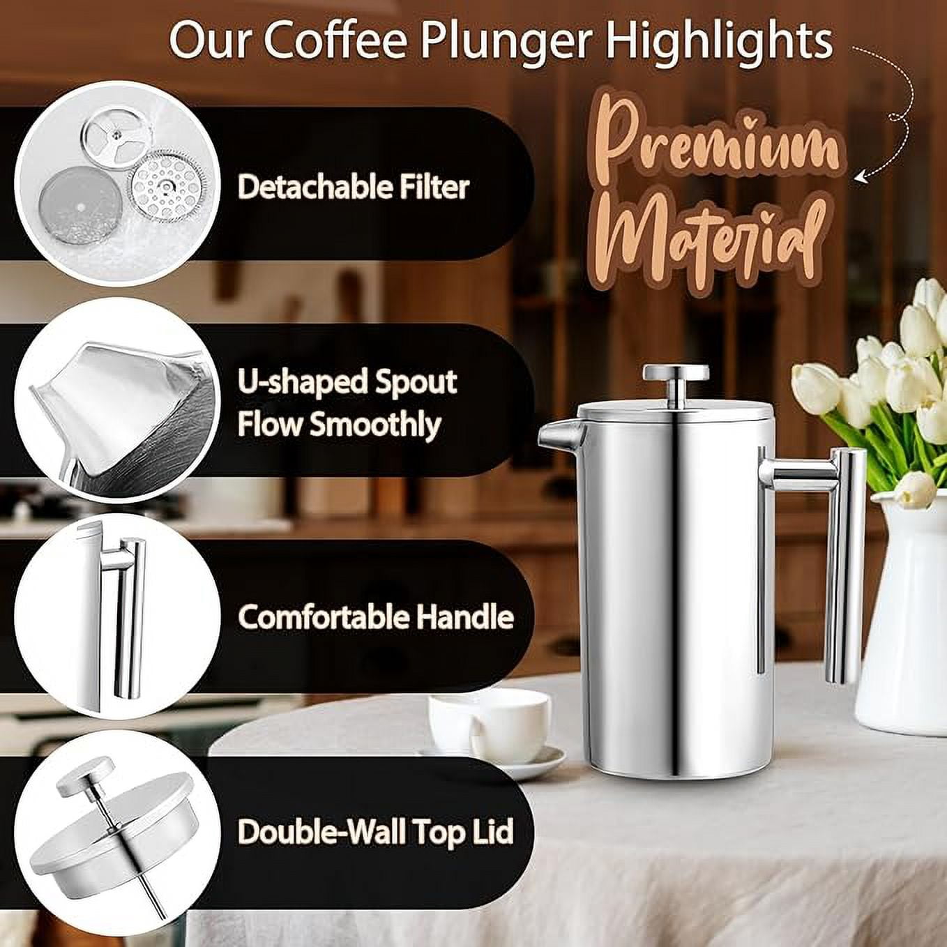 Behome French Press Coffee Maker, 34oz Stainless Steel French Press Coffee Maker, 3 Filtration & Double Wall Insulation, Rust-Free, Food Grade & Safe Coffee Pot