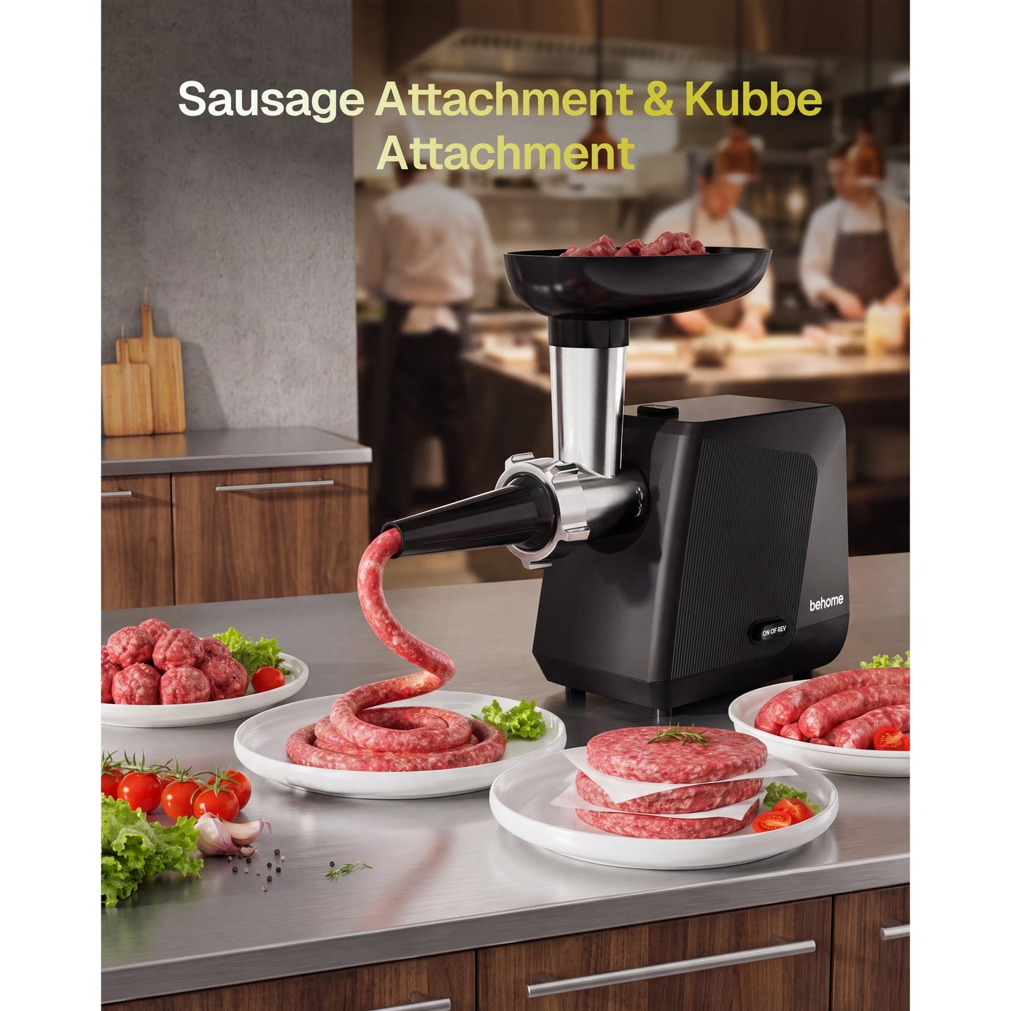 Behome Electric Meat Grinder, 2800W Max Heavy Duty Stainless Steel Meat Mincer, with 1 Blade, 3 Grinding Plates, Sausage Stuffer Tube & Kubbe Kit for Home Kitchen, Burgers & Meatballs