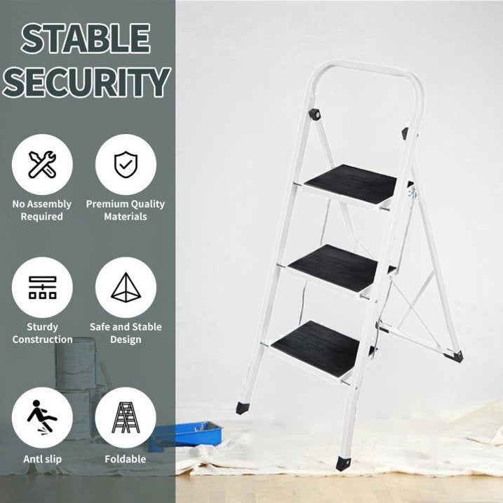 Behome 3 Step Ladder, Folding Step Stool with Wide Anti-Slip Pedal, 330 lbs Sturdy Ladder, Convenient Handgrip, Portable Iron Step Stool for Household, Kitchen