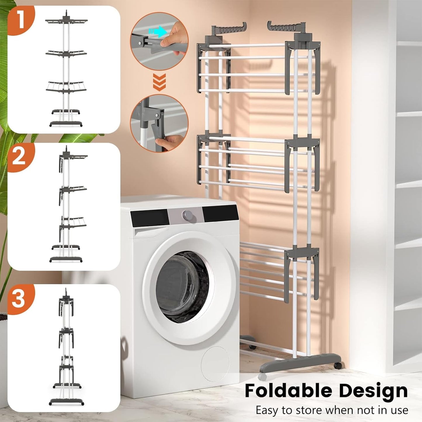 Behome Clothes Drying Rack, Oversized 4-Tier Collapsible Laundry Rack with Two Side Wings, Movable Drying Rack with 4 castors for Bed Linen, Clothing, Gray