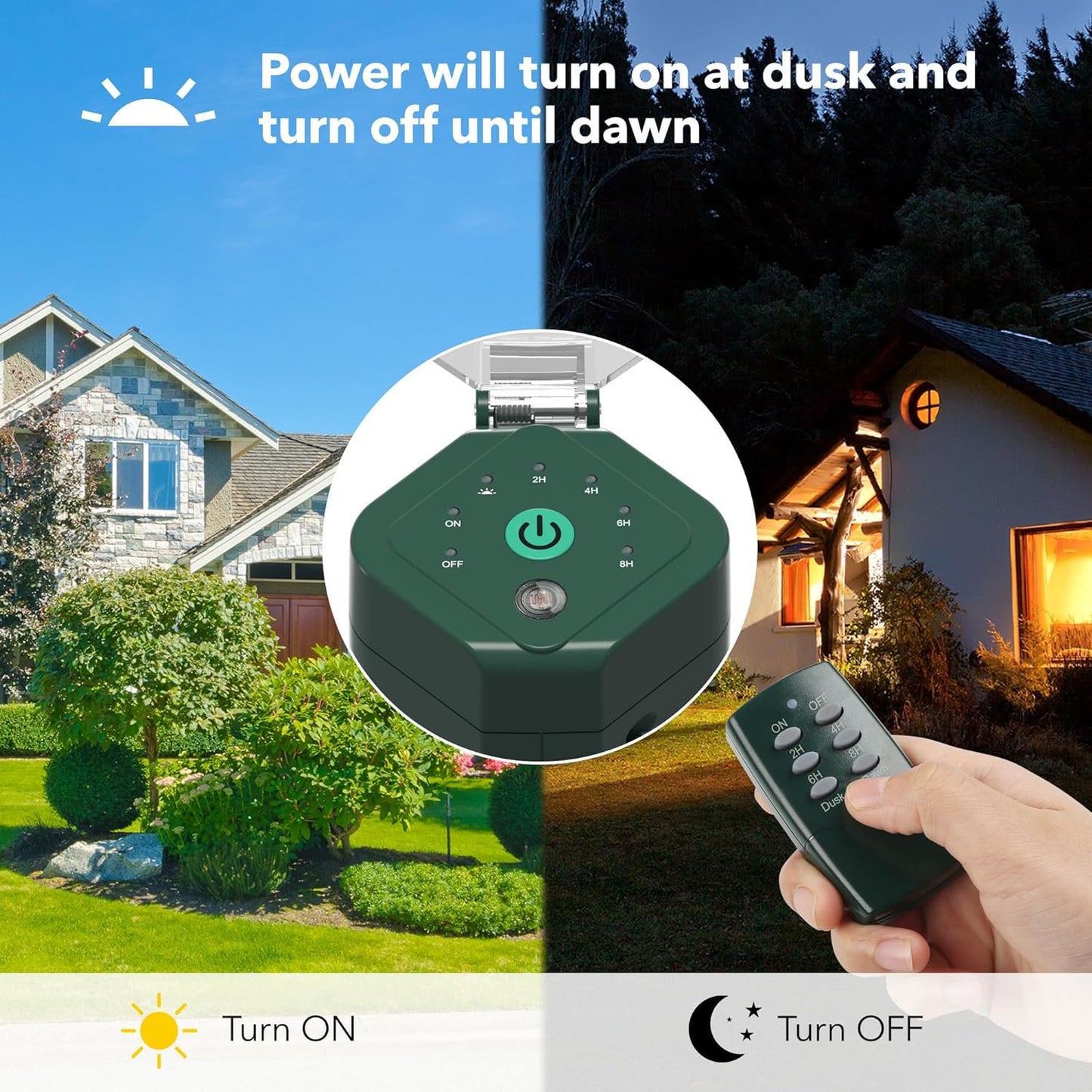 HBN Outdoor Power Strip Timer with Photocell(w Remote Control), Yard Stake Countdown Timer(2, 4, 6, 8 Hour),Weatherproof Outside Lights Timer Dusk to Dawn for Christmas Lights,6 Outlets,6ft Cord