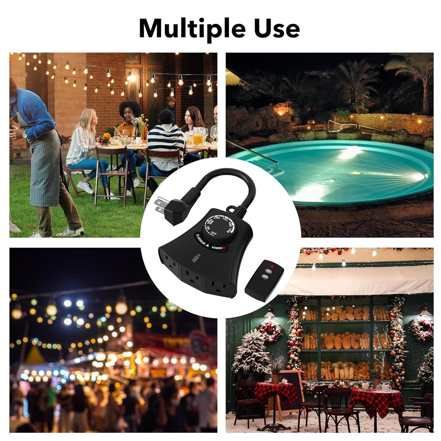 HBN Outdoor Light Timer Waterproof, Weatherproof Photocell Dusk to Dawn Light Sensor Timer with Remote Control, 2/4/6/8 Countdown Timer, 3 Grounded Outlet for Christmas Lights,1875W 15A 1/2HP