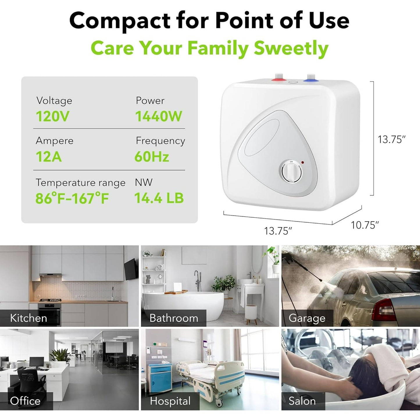 BN-LINK Electric Mini-Tank Water Heater - 2.7 Gallon Small Under Sink Instant Hot Water Heater, 120V 1440W Point of Use Compact Tank for Kitchen, Bathroom, Restaurant - Shelf, Wall, or Floor Mounted