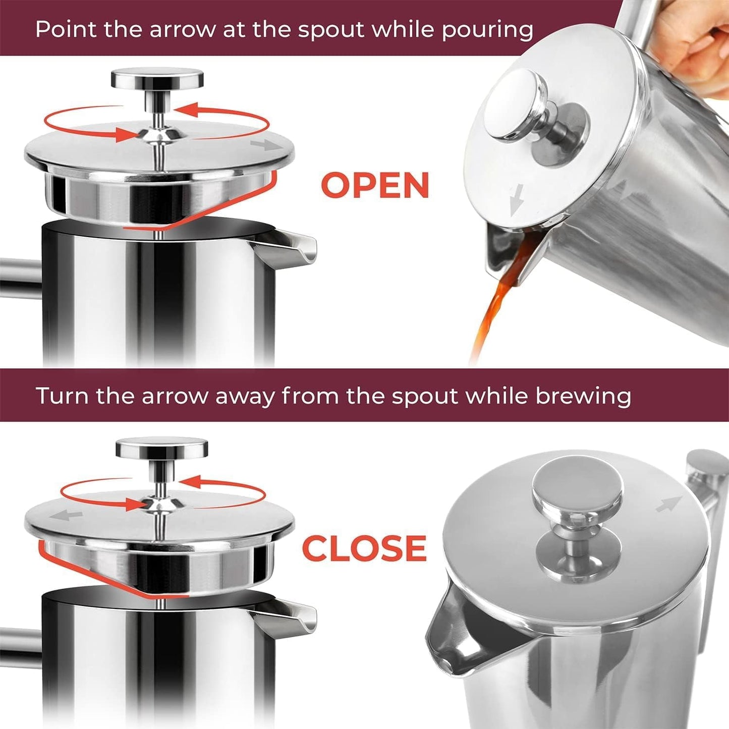 Behome French Press Coffee Maker, 34oz Stainless Steel French Press Coffee Maker, 3 Filtration & Double Wall Insulation, Rust-Free, Food Grade & Safe Coffee Pot