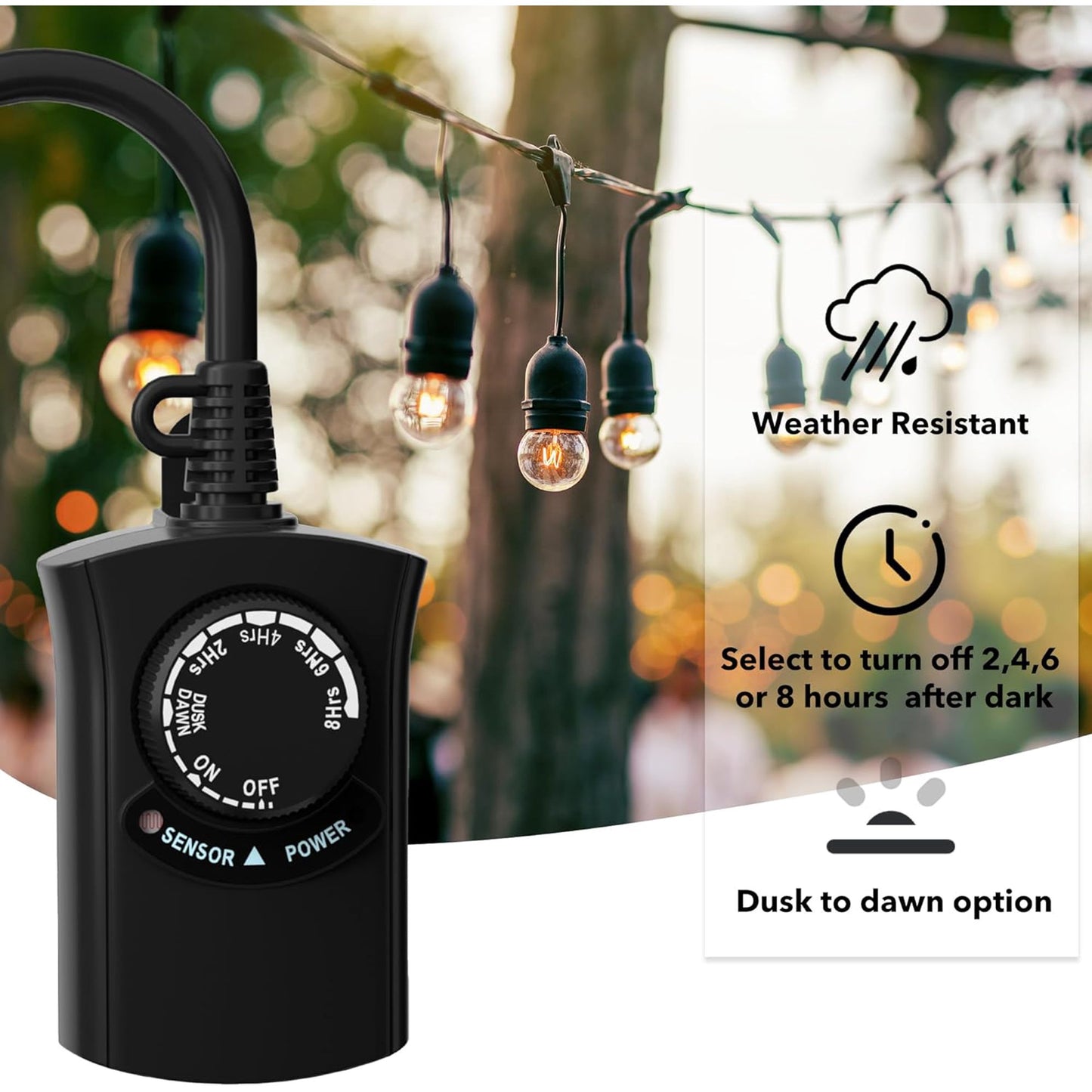 HBN Outdoor Light Timer Waterproof, Weatherproof Photocell Dusk to Dawn Light Sensor Timer 2/4/6/8 Countdown Timer, 1 Grounded Outlet for Christmas Lights,Hallowen Deceration,1875W 15A 1/2HP(2 Pack)