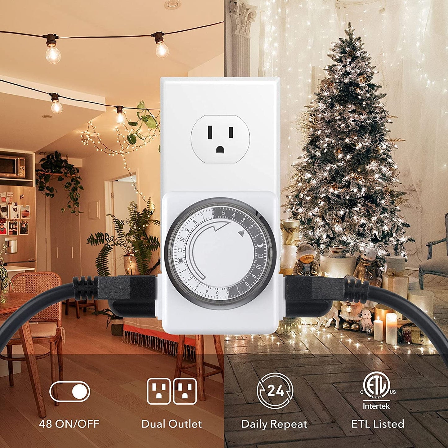 HBN Indoor Timer-24 Hour Plug-in Mechanical Indoor Mini Timer with 2 Outlets, 3 Prong, 2-Pack