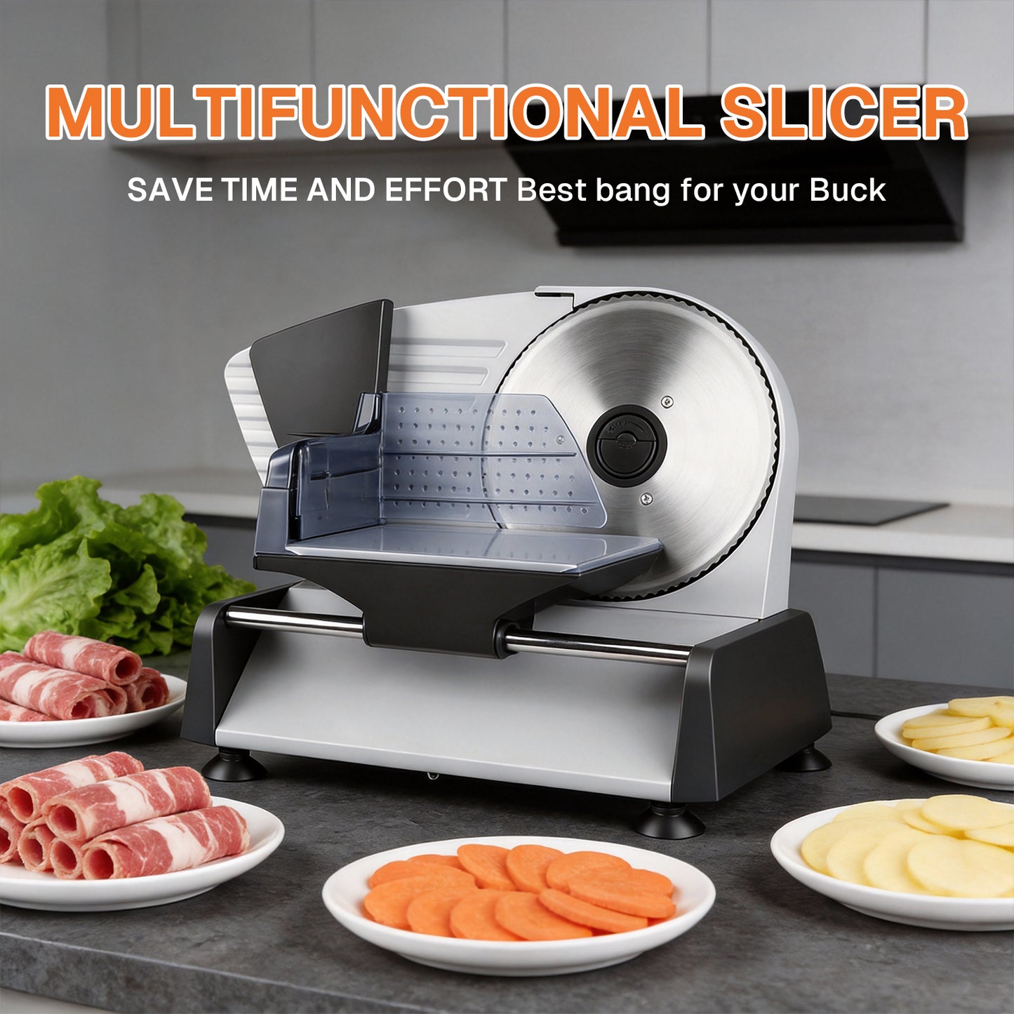 Behome Meat Slicer 200W Electric Automatic Meat, Deli Food Slicer ,Adjustable Thickness for Home Use,Removable 7.5 IN Stainless Steel Blade & Food Pusher,Cuts Meat, Bread and Cheese