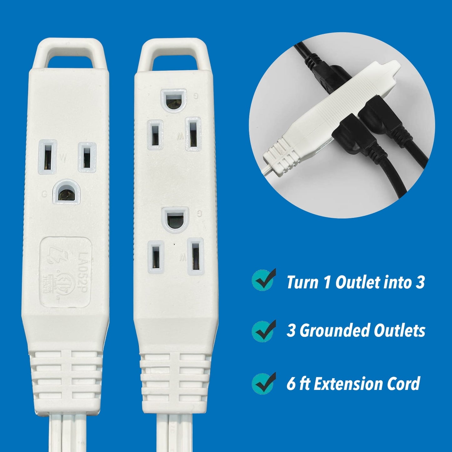 BN-LINK 6ft 3 Outlet Indoor Flat Plug Extension Cord 16/3 SPT-2, White, 3 Prong Grounded, 2-Pack