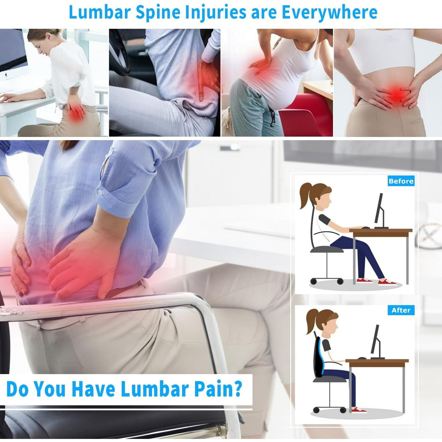 Behome Lumbar Support Pillow For Office Chair and Car Seat, Memory Foam Back Cushion with Adjustable Strap for Back Pain Relief