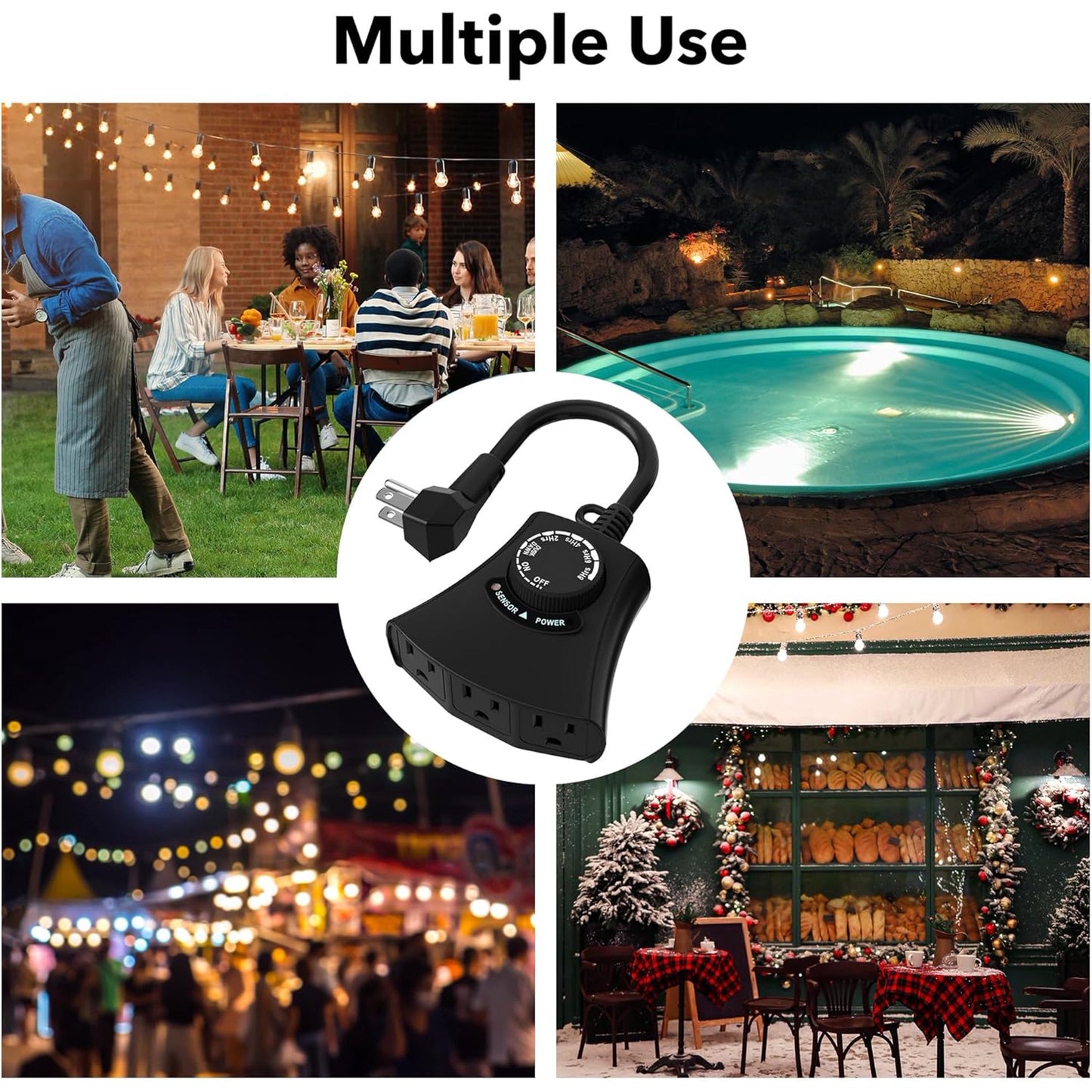 HBN Outdoor Light Timer Waterproof, Weatherproof Photocell Dusk to Dawn Light Sensor Timer 2/4/6/8 Countdown Timer, 3 Grounded Outlet for Christmas Lights,Hallowen Deceration,1875W 15A 1/2HP(2pack)