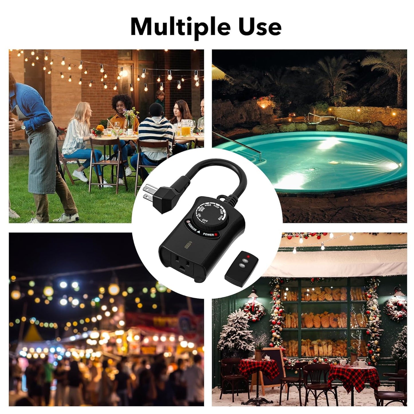 HBN Outdoor Light Timer Waterproof, Weatherproof Photocell Dusk to Dawn Light Sensor Timer with Remote Control, 2/4/6/8 Countdown Timer, 1 Grounded Outlet for Christmas Lights,1875W 15A 1/2HP