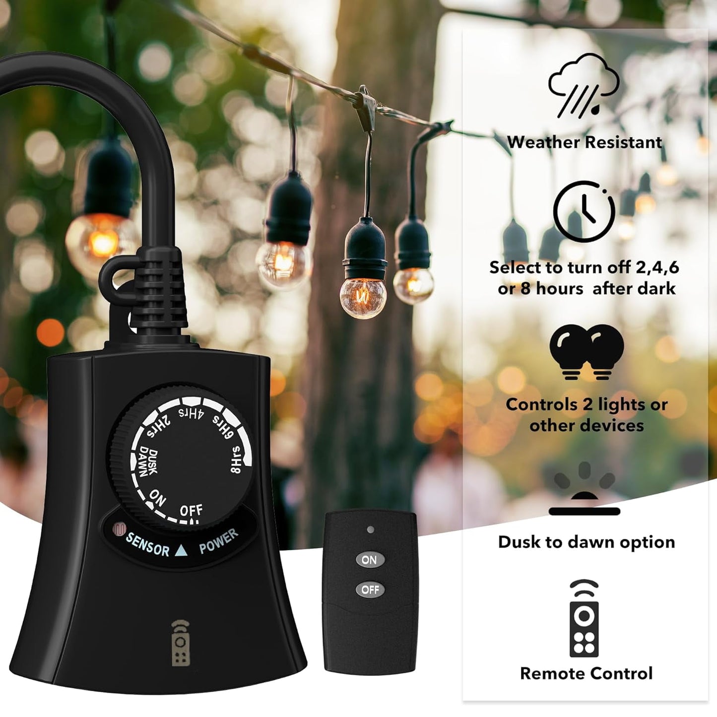 HBN Outdoor Light Timer Waterproof, Weatherproof Photocell Dusk to Dawn Light Sensor Timer with Remote Control, 2/4/6/8 Countdown Timer, 2 Grounded Outlet for Christmas Lights,1875W 15A 1/2HP