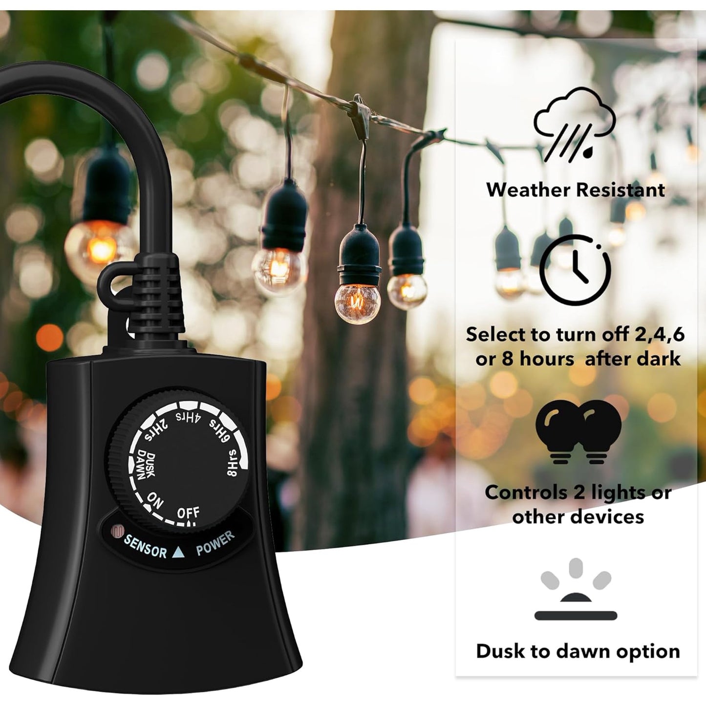 HBN Outdoor Light Timer Waterproof, Weatherproof Photocell Dusk to Dawn Light Sensor Timer 2/4/6/8 Countdown Timer, 2 Grounded Outlet for Christmas Lights,Hallowen Deceration,1875W 15A 1/2HP(2pack)