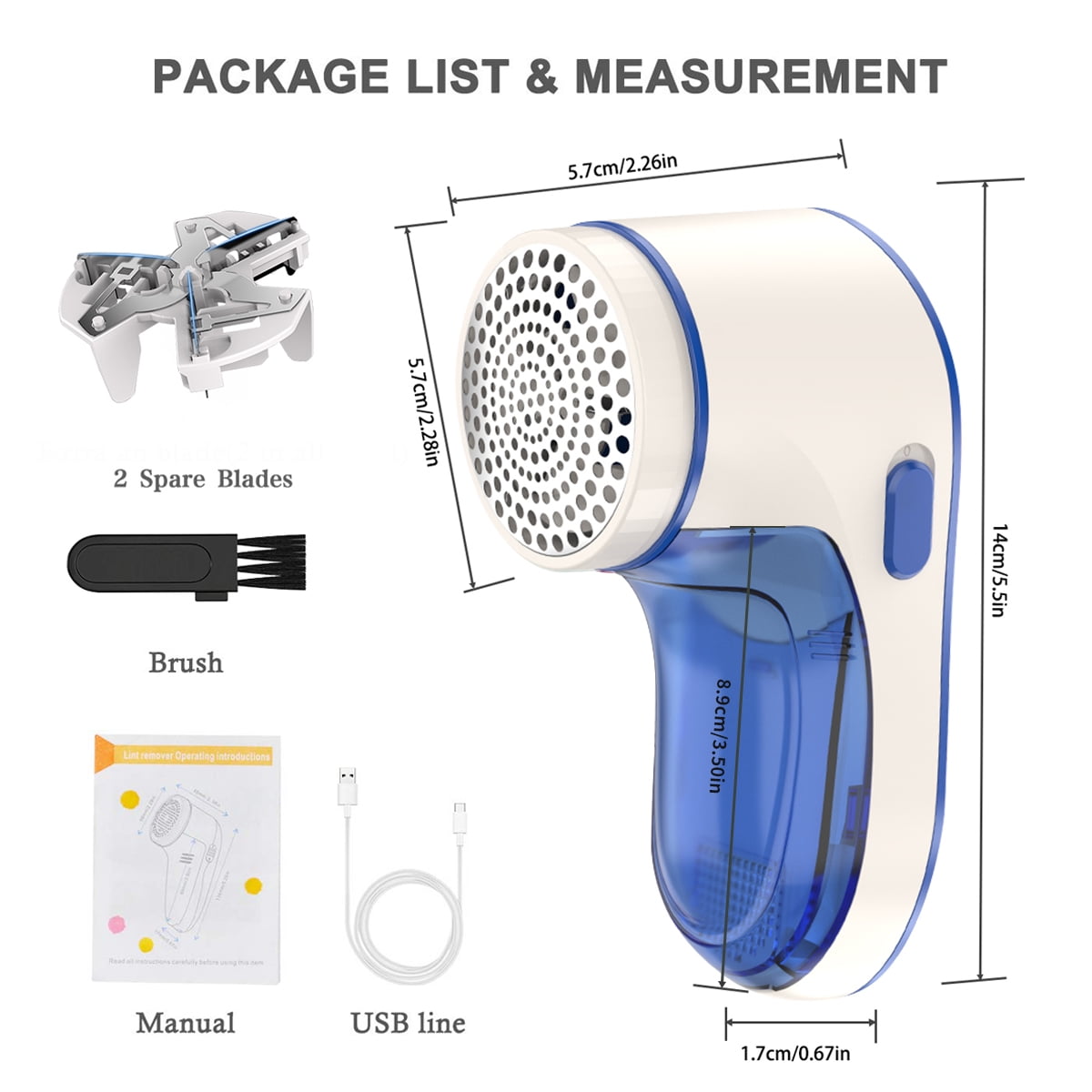 Fabric Shaver and Lint Remover, USB Rechargeable Sweater Defuzzer with 2 Replaceable Stainless Steel Blades, Remove Clothes Fuzz, Lint Balls, Pills, Bobbles
