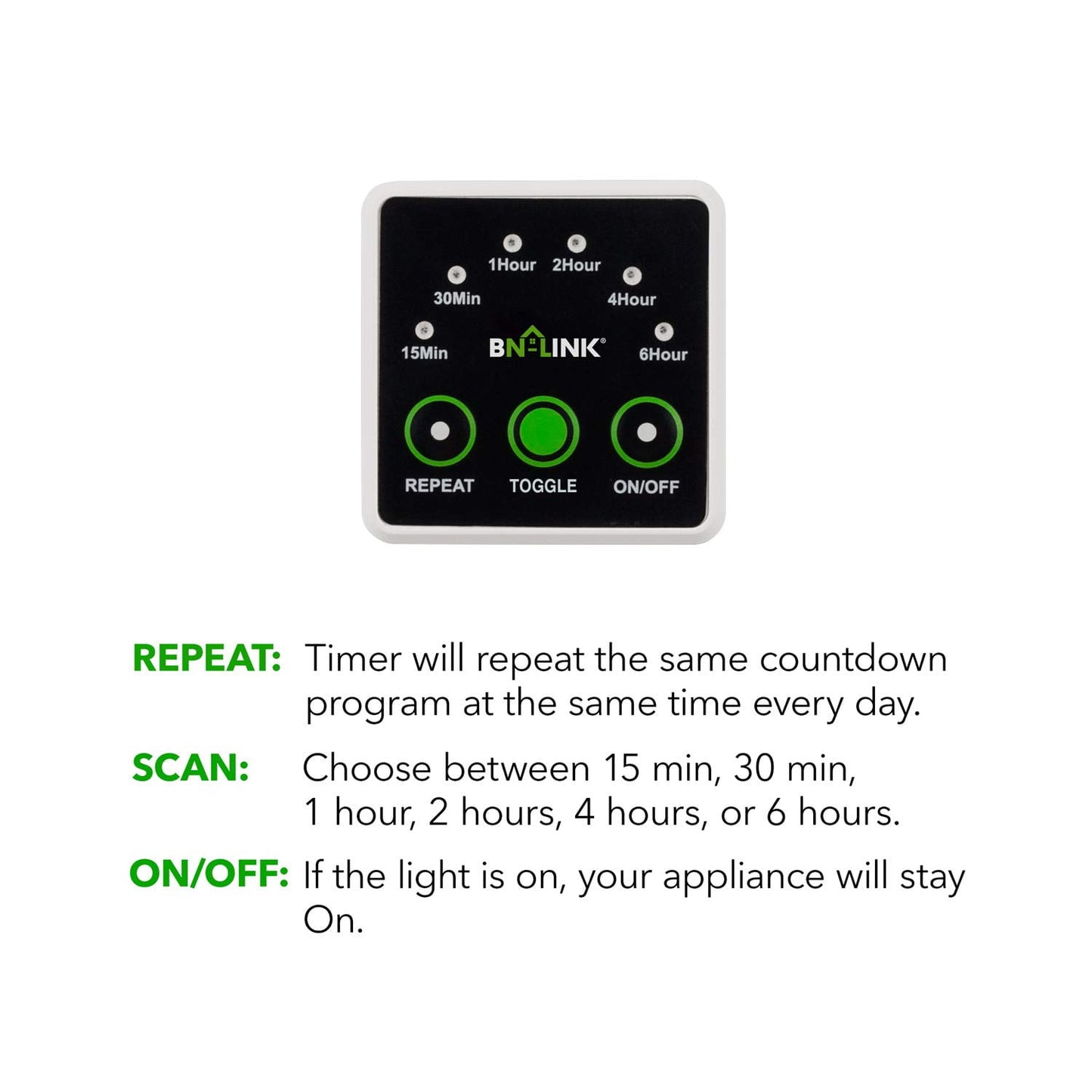 BN-LINK Smart Digital Countdown Timer, Repeat Cycle Timer with 3-Prong Grounded Outlet for Lamps, Light and Home Appliances, 15A/1875W