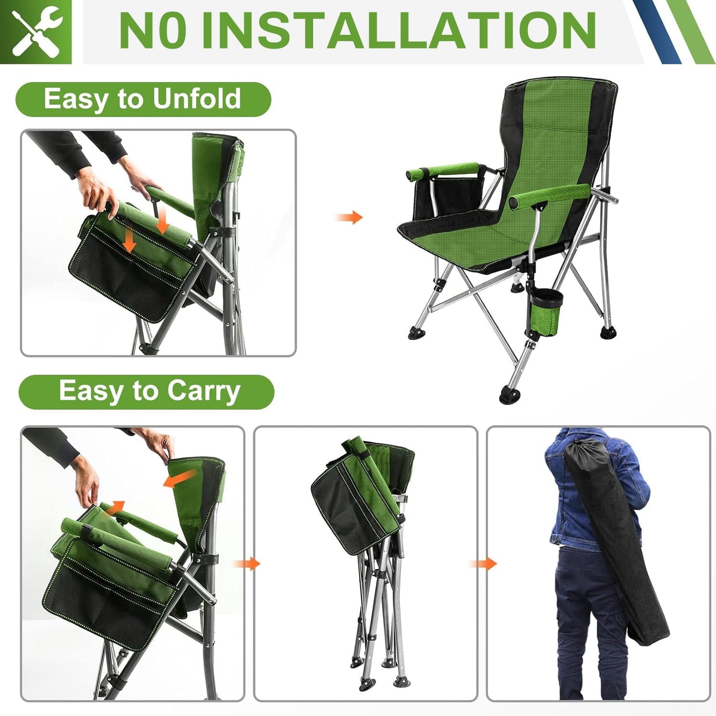 BN-LINK Oversized Folding Camping Chair, Heavy Duty Support 400 Lbs Portable Padded Arm Chair with Cup Holder and Side Pocket, for Beach, Fishing, Outdoor Activities