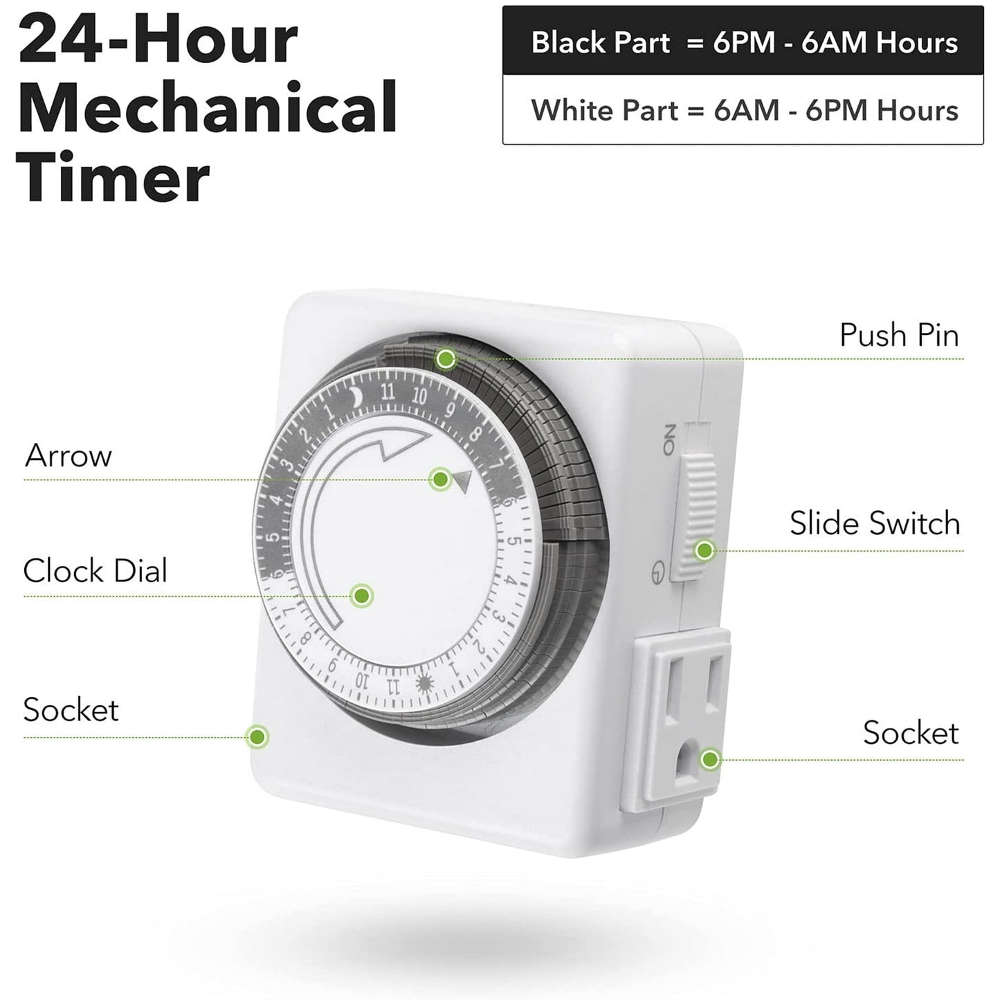 HBN Indoor Timer-24 Hour Plug-in Mechanical Indoor Mini Timer with 2 Outlets, 3 Prong, 2-Pack
