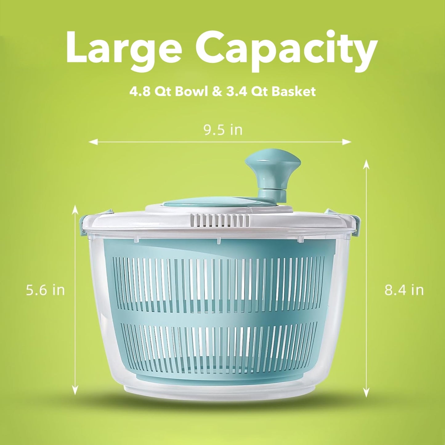 BN-LINK Salad Spinner, 4.8 Quart Large Capacity, Durable Multi-Use Lettuce and Fruit Washer Spinner& Dryer with Built-in Drainage System, Non-skid Base and Free Silicone Lid for Storage or Picnic