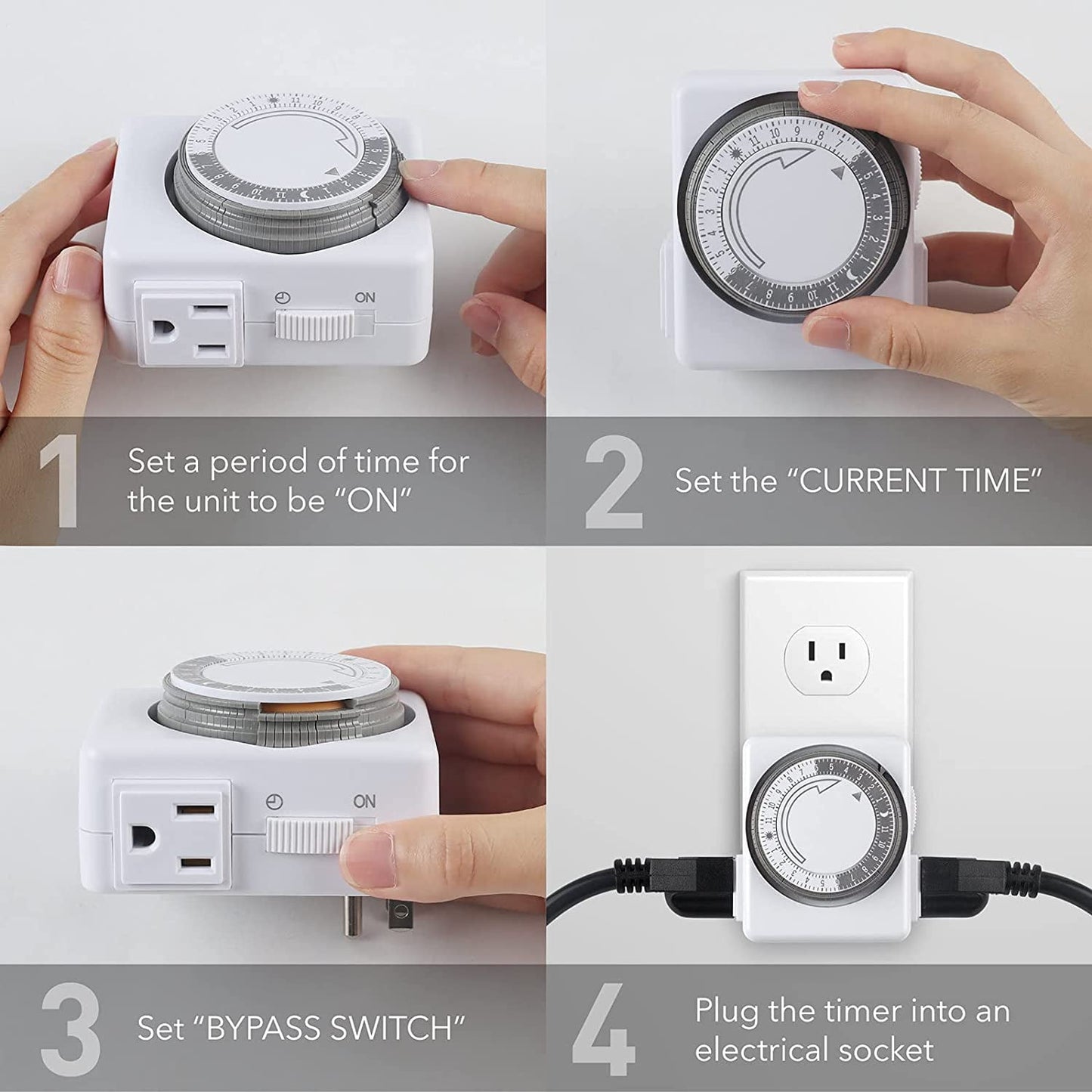 HBN Indoor Timer-24 Hour Plug-in Mechanical Indoor Mini Timer with 2 Outlets, 3 Prong, 2-Pack