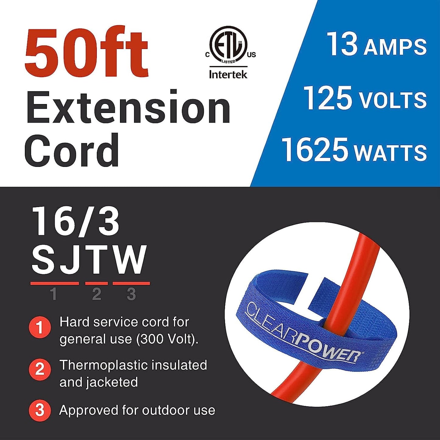 Clear Power 50 ft Outdoor Extension Cord 16/3 SJTW, 3-Prong Grounded Plug, Orange, Water & Weather Resistant, Flame Retardant, General Purpose Power Cord for Lawn & Garden