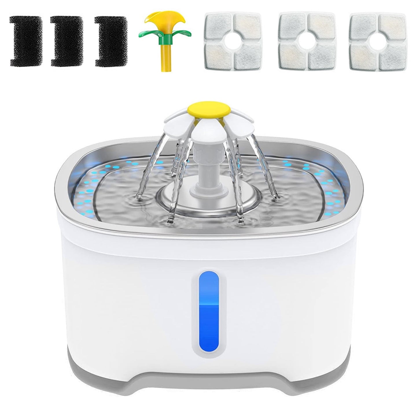 Behome 84oz/2.5L Cat Water Fountain, Stainless Steel Pet Water Drinking Fountain for Cats & Dogs Indoor with Water Level Window & Led Light, Ultra Silent (White)