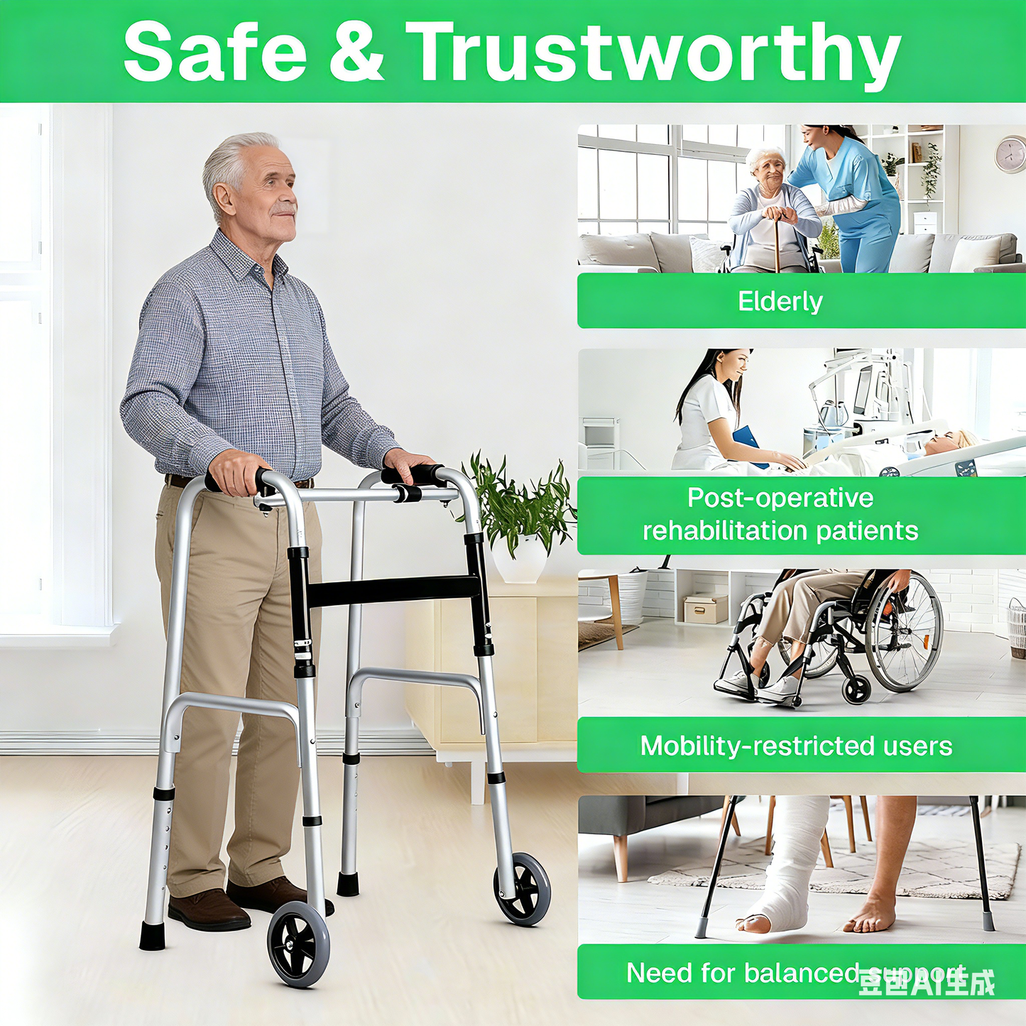 BN-LINK Walker for Senior, Folding Walker with 5'' Wheels, Adjustable Lightweight Aluminum Walker for Elderly,Disabled,Supports up to 330 lbs, Silver