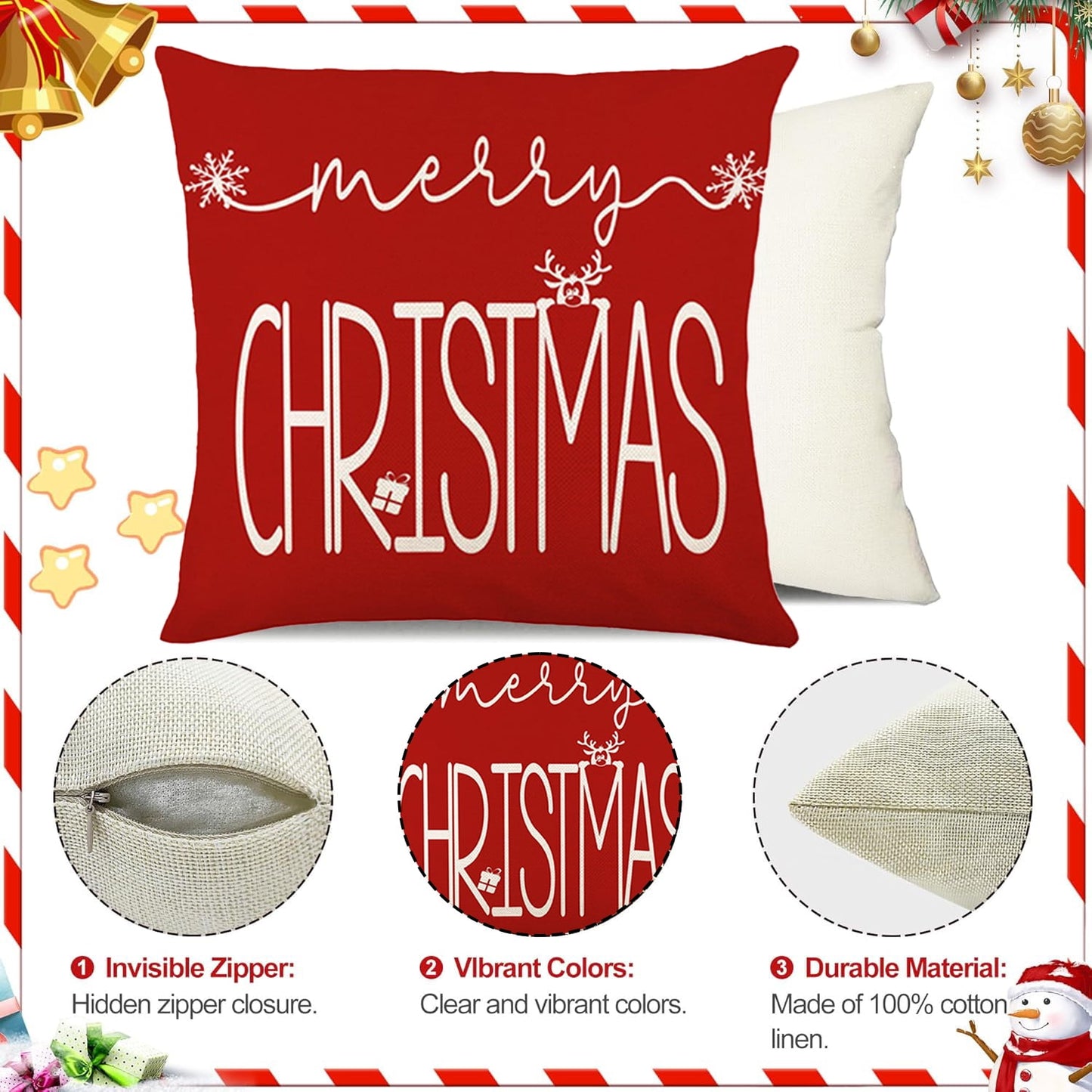 Behome Christmas Pillow Covers, 18 x 18 inch Set of 4 Christmas Decorative Throw Pillows Covers, Christmas Decorations Holiday Red Pillow Cases for Couch Sofa