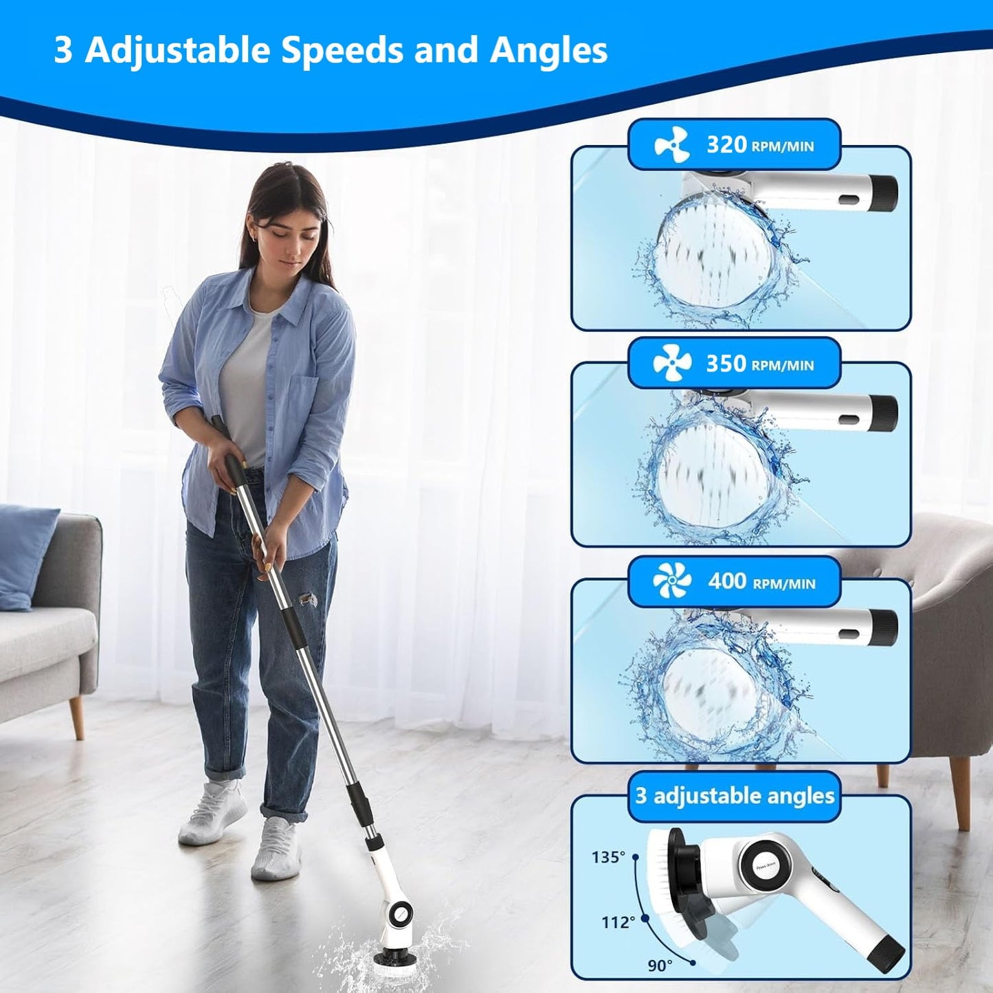 BN-LINK Electric Spin Scrubber, Cordless Cleaning Brush Scrubber with 7 Replaceable Brush Heads, Adjustable Length and Angle, 3 Speeds, Waterproof Bathroom Scrubber for Bathtub Kitchen Wall Cleaning