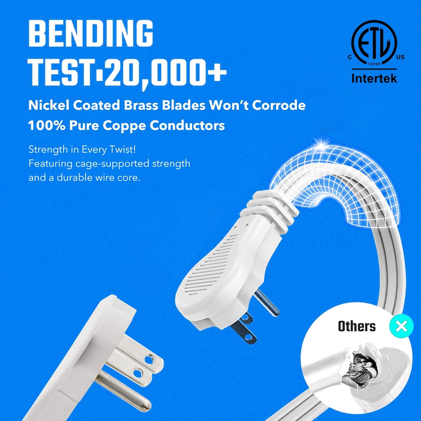 BN-LINK 6ft 3 Outlet Indoor Flat Plug Extension Cord 16/3 SPT-2, White, 3 Prong Grounded, 2-Pack