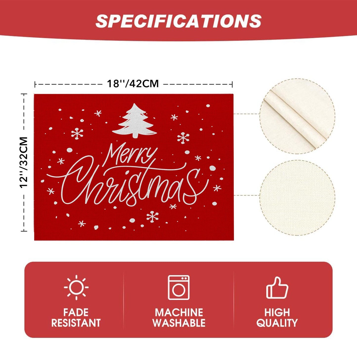 Behome Merry Christmas Placemats for Dining Table, Set of 6 12x18 Inch Winter Xmas Table Mats for Party Kitchen Dining Decoration