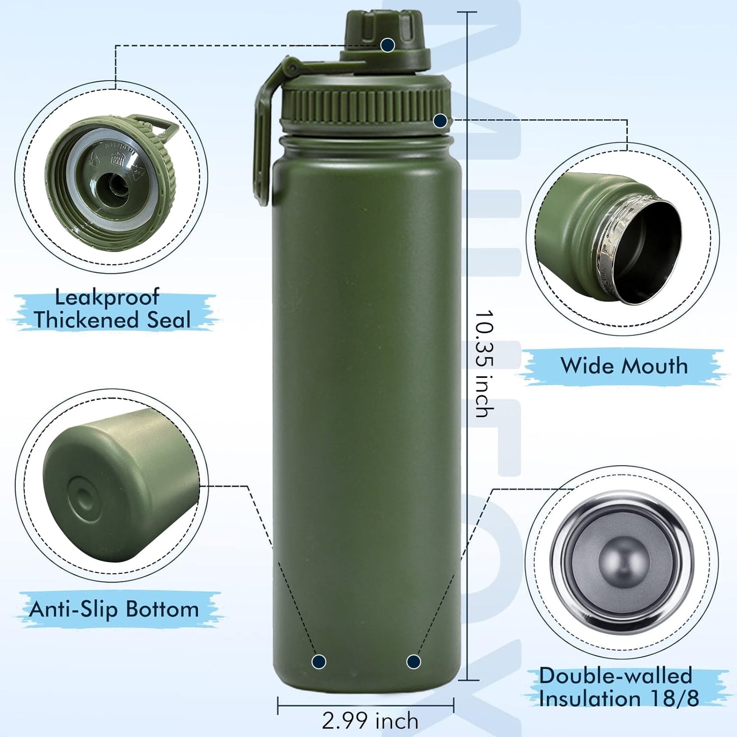 BN-LINK 25oz Insulated Sport Water Bottle, Double Wall Vacuum & Stainless Steel, Leak Proof & BPA-Free, Keeps Cold and Hot, Great for Travel, Hiking, Biking, Running (Green)