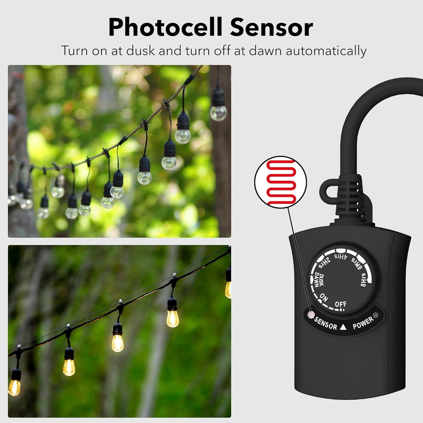 HBN Outdoor Light Timer Waterproof, Weatherproof Photocell Dusk to Dawn Light Sensor Timer 2/4/6/8 Countdown Timer, 1 Grounded Outlet for Christmas Lights,Hallowen Deceration,1875W 15A 1/2HP(2 Pack)