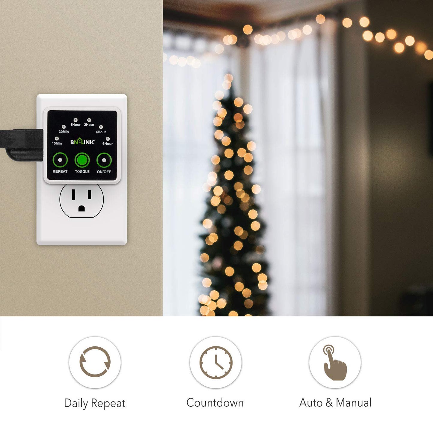 BN-LINK Smart Digital Countdown Timer, Repeat Cycle Timer with 3-Prong Grounded Outlet for Lamps, Light and Home Appliances, 15A/1875W