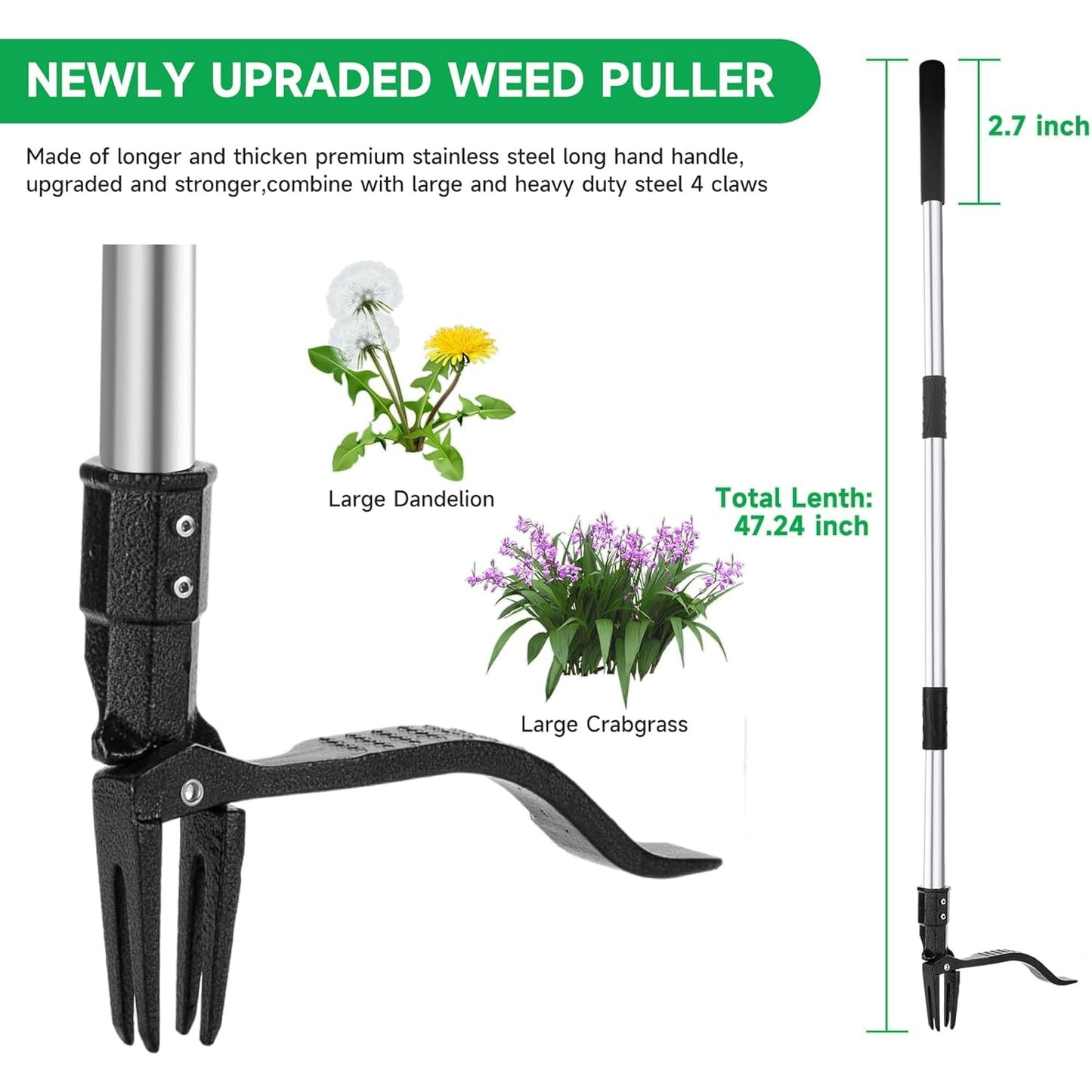 BN-LINK Weed Puller Tool, 48" Stand Up Weeder Garden Tools & 4 Claw Steel Head, Rustproof Stainless Steel, Easily Remove Weeds Without Bending, Pulling, or Kneeling