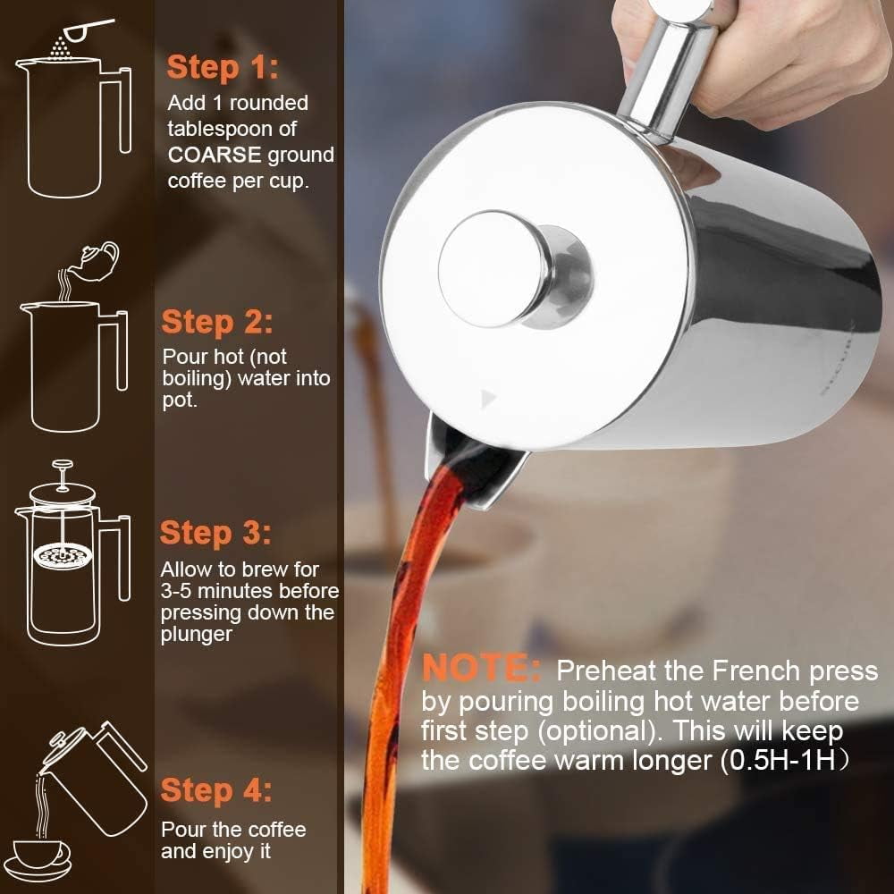 Behome French Press Coffee Maker, 34oz Stainless Steel French Press Coffee Maker, 3 Filtration & Double Wall Insulation, Rust-Free, Food Grade & Safe Coffee Pot