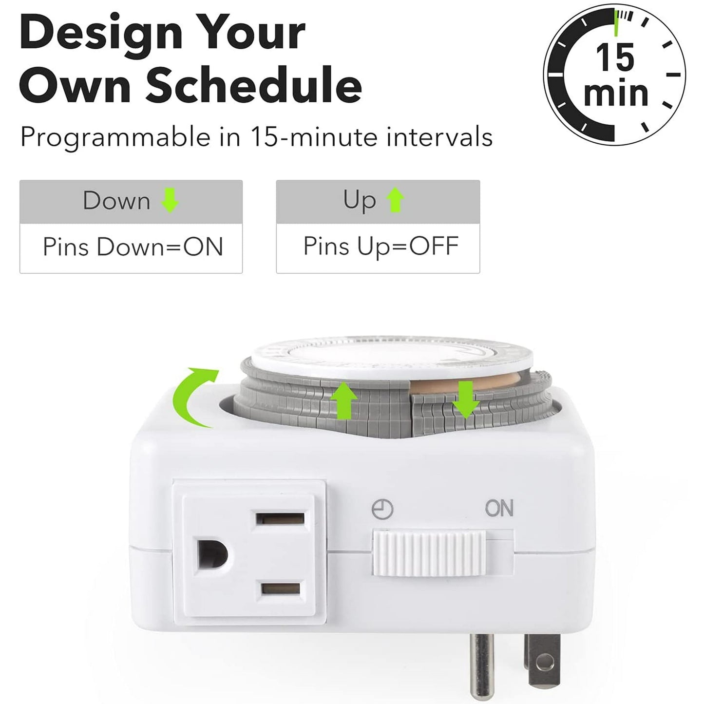 HBN Indoor Timer-24 Hour Plug-in Mechanical Indoor Mini Timer with 2 Outlets, 3 Prong, 2-Pack