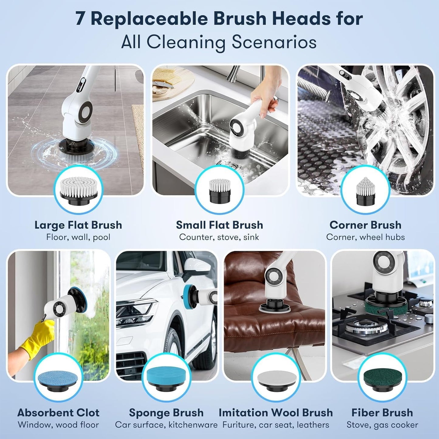 BN-LINK Electric Spin Scrubber, Cordless Cleaning Brush Scrubber with 7 Replaceable Brush Heads, Adjustable Length and Angle, 3 Speeds, Waterproof Bathroom Scrubber for Bathtub Kitchen Wall Cleaning