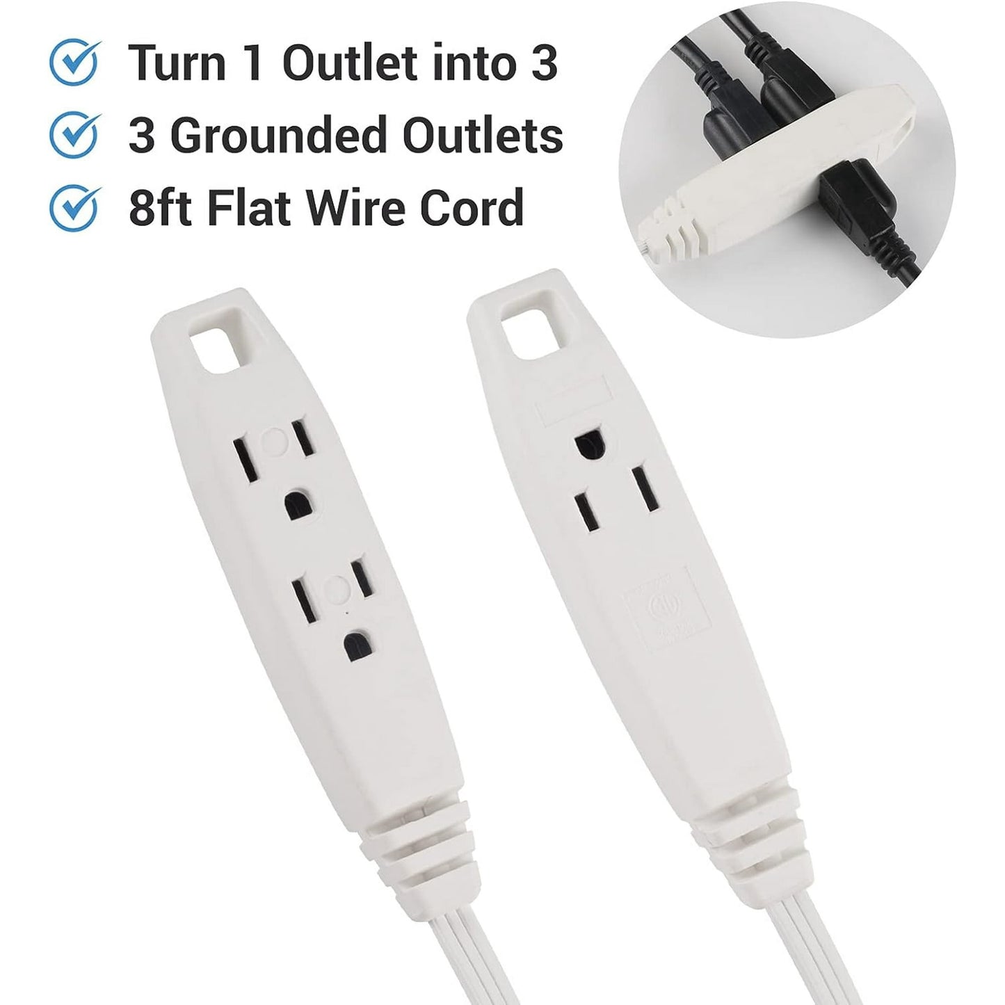 Clear Power 8 ft 3 Outlet Indoor Utility Cord (2-Pack) 16/3 SPT-2, White, 3 Prong Grounded, DCIC-00582P-DC