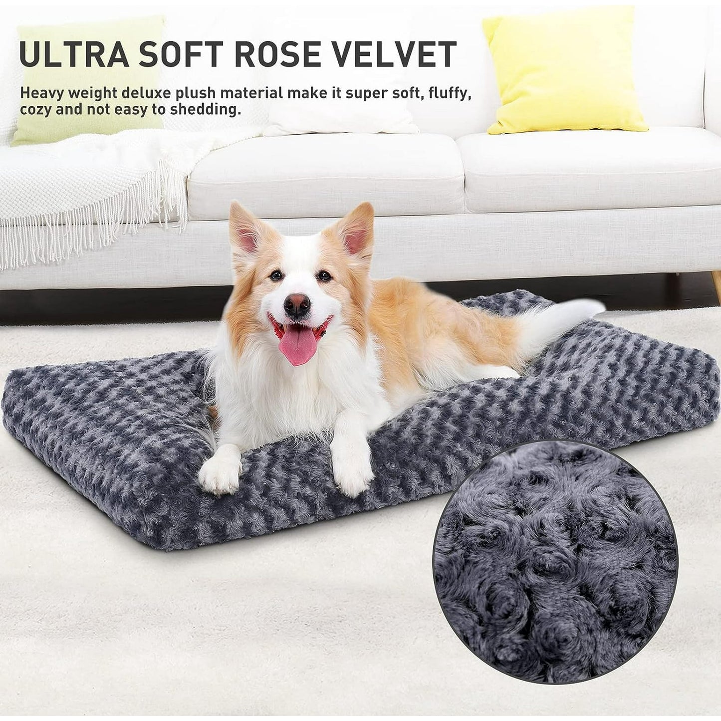 Behome 24Inch Dog Bed for Small Dogs, Soft Plush Pet Crate Bed with Rose Velvet, Non Removable Machine/Hand Washable Bolster with Anti Slip & Scratch Resistant(Dark Gray)