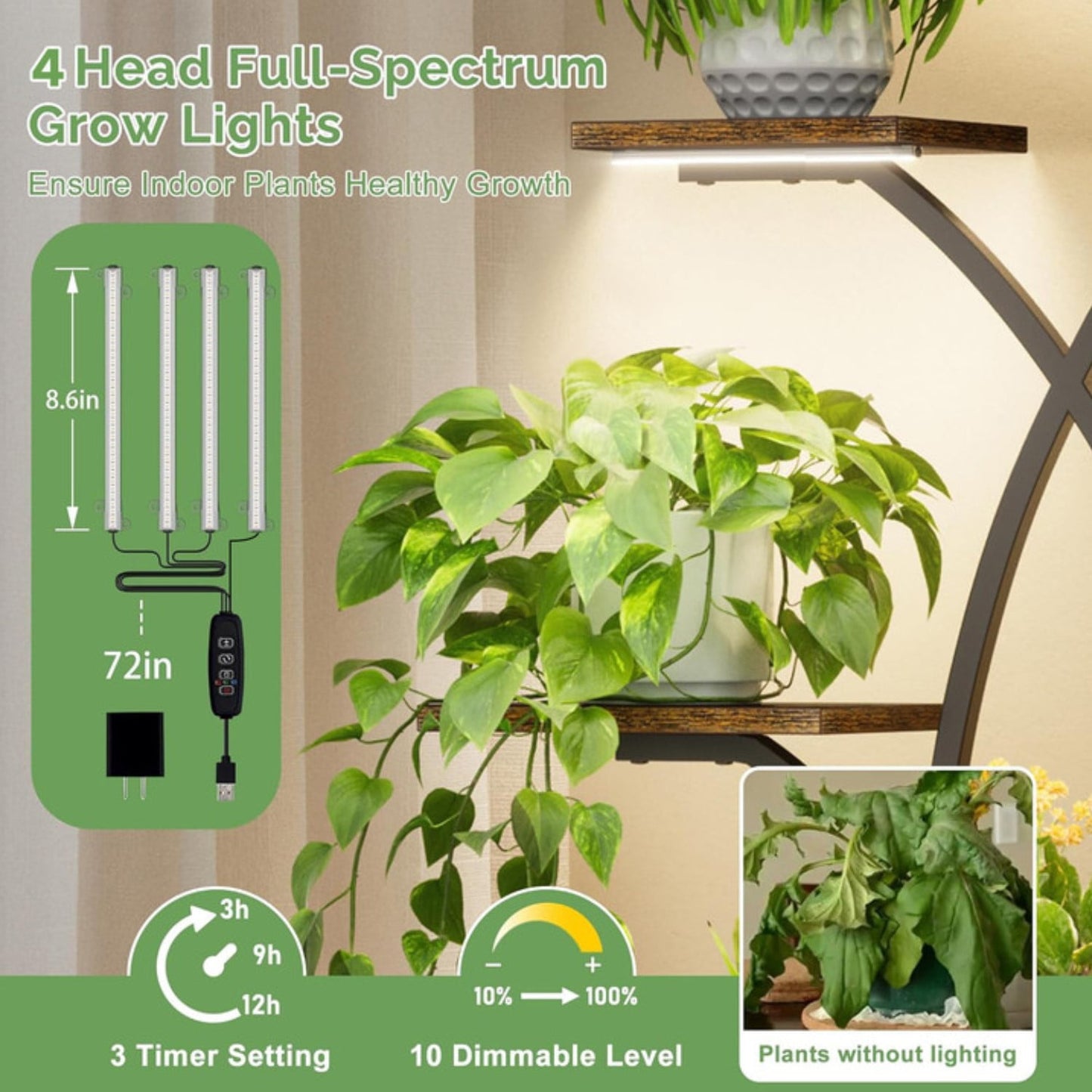 Behome Plant Stand with Adjustable Grow Lights, 7 Tiered Indoor Metal Plant Shelf, 66" Tall Plant Flower Holder for Home, Patio