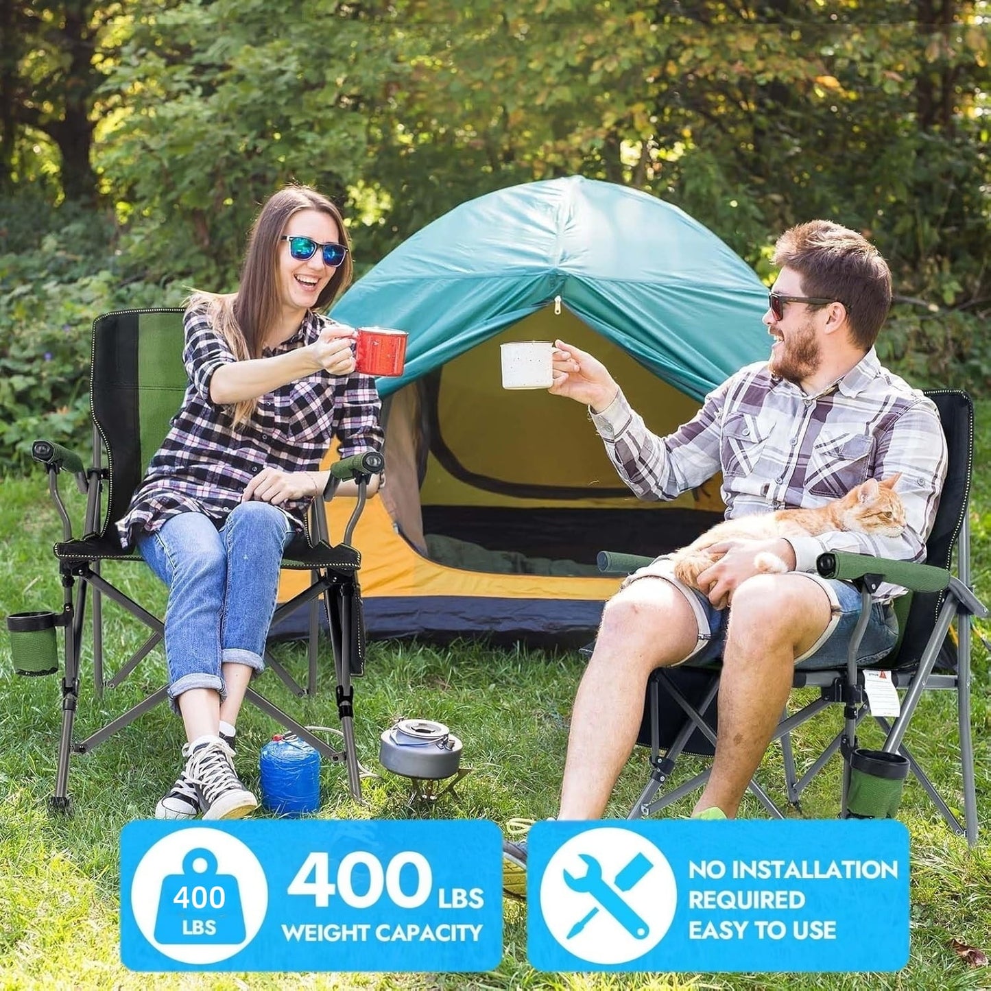 BN-LINK Oversized Folding Camping Chair, Heavy Duty Support 400 Lbs Portable Padded Arm Chair with Cup Holder and Side Pocket, for Beach, Fishing, Outdoor Activities