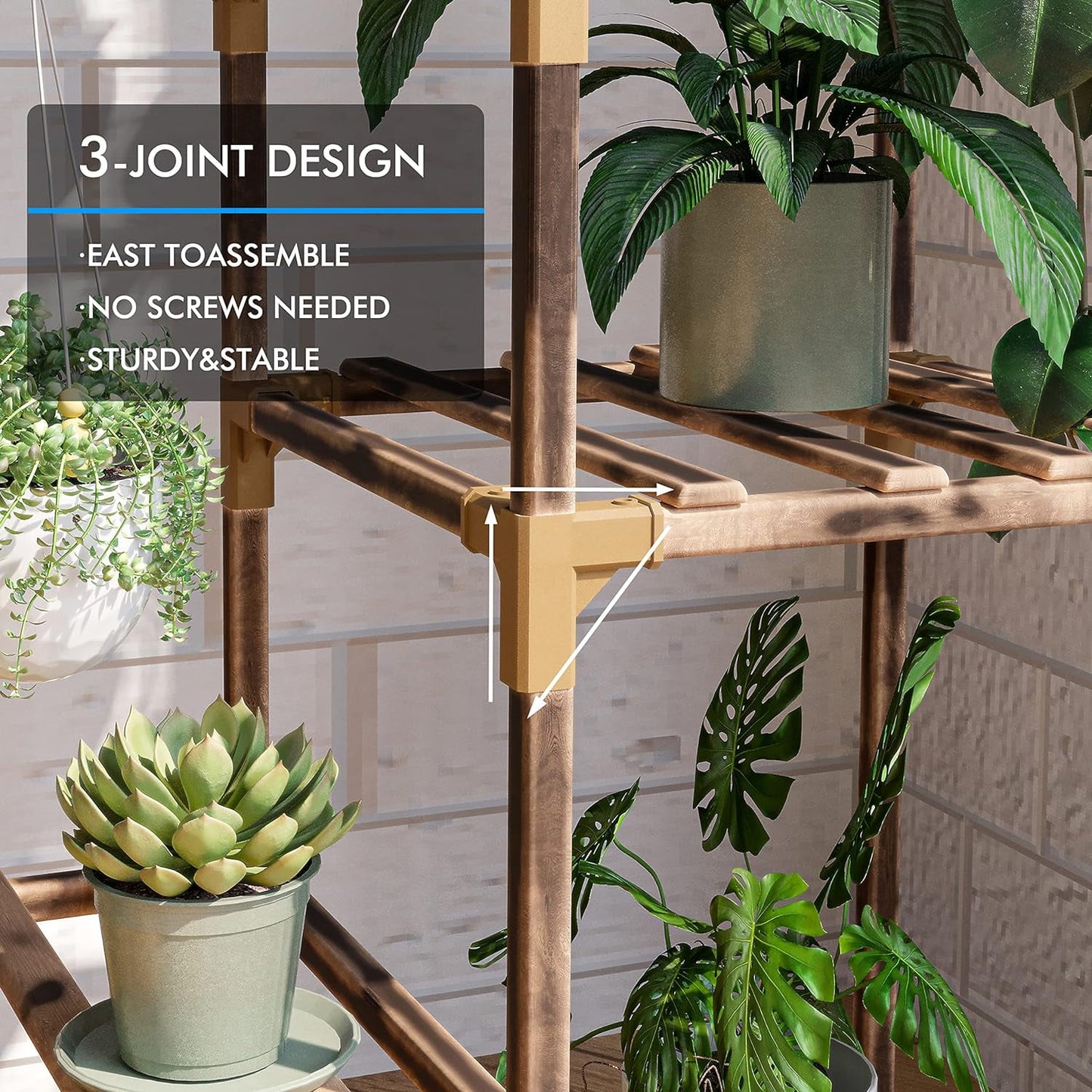 Behome Plant Stand Indoor, Wood Plant Shelf with 3 Tier Ladder & 7 Pots, Corner Plant Stand, Tall Plant Holder for Living Room & Balcony, Home Decor