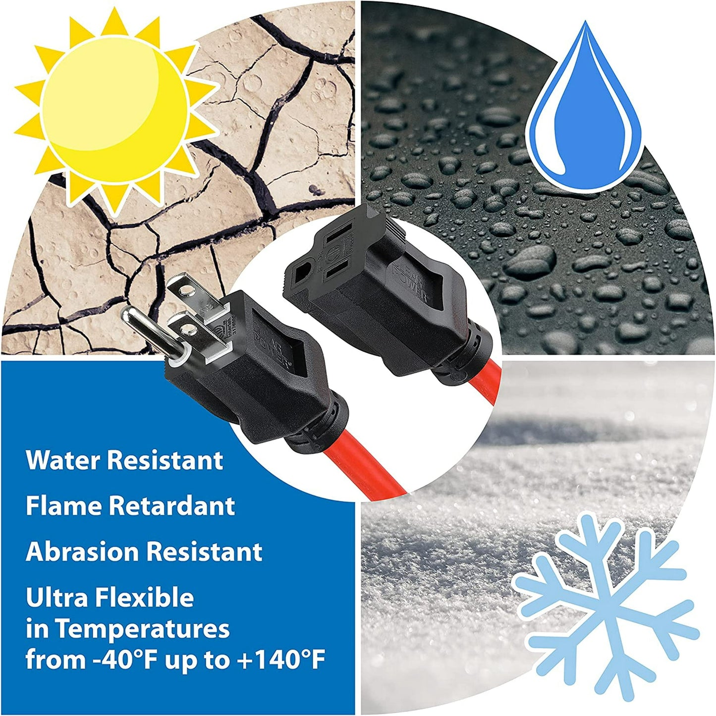 Clear Power 50 ft Outdoor Extension Cord 16/3 SJTW, 3-Prong Grounded Plug, Orange, Water & Weather Resistant, Flame Retardant, General Purpose Power Cord for Lawn & Garden