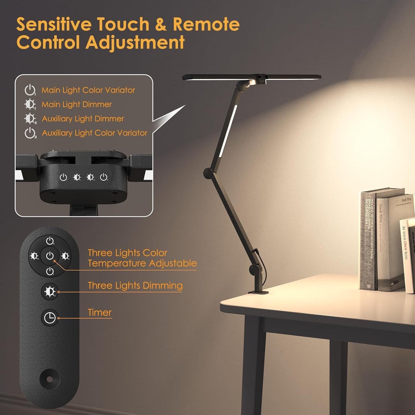 Behome LED Desk Lamp With Remote Control, Tall Double Head Desk Lamp With Clamp, 5 Brightness Modes & 4 Colors, Adjustable Desk Light For Work & Study