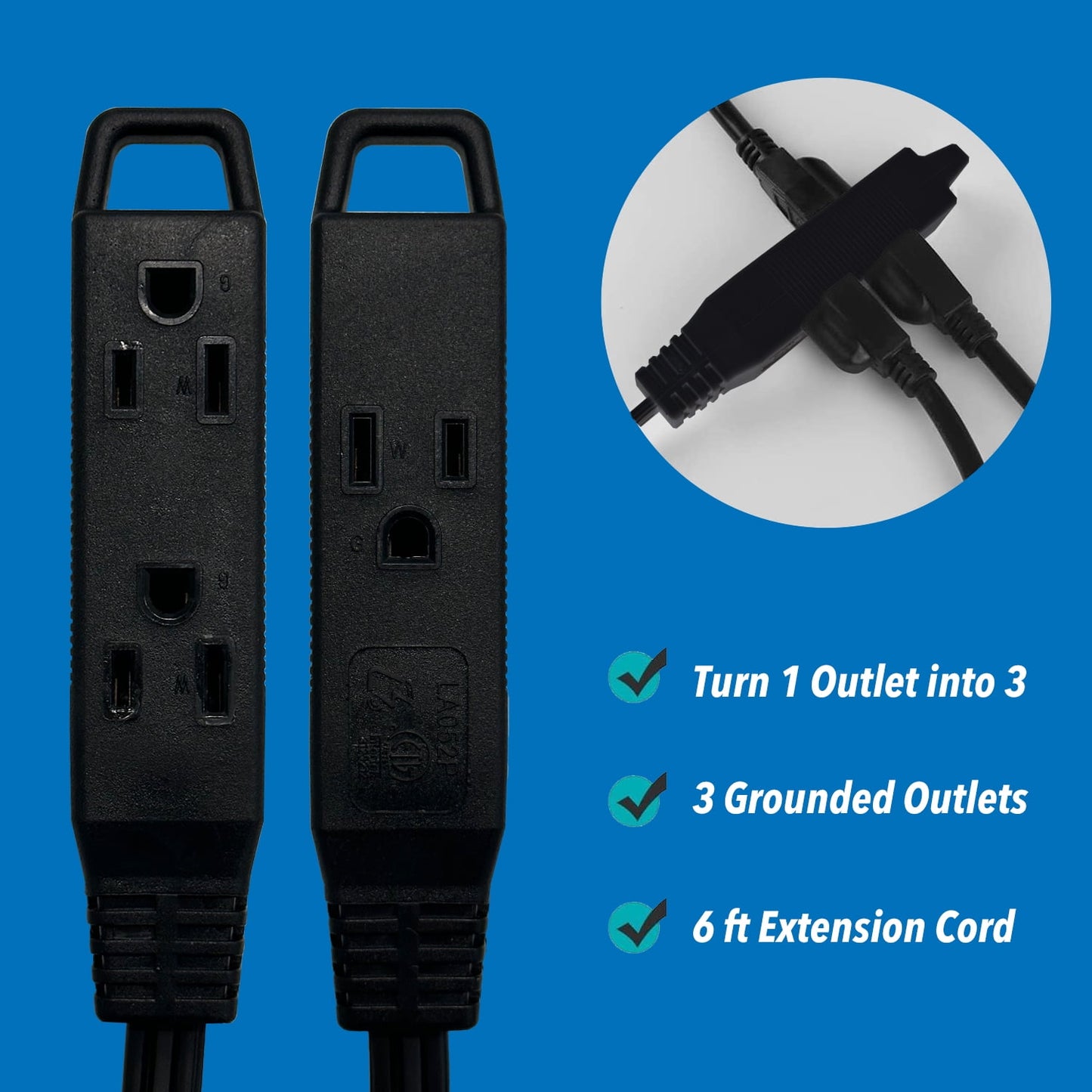 BN-LINK 2-Pack 6 ft Indoor Extension Cord 3 Grounded Outlets 16/3 SPT-2, 3 Prong Low-Profile Flat Plug, Black