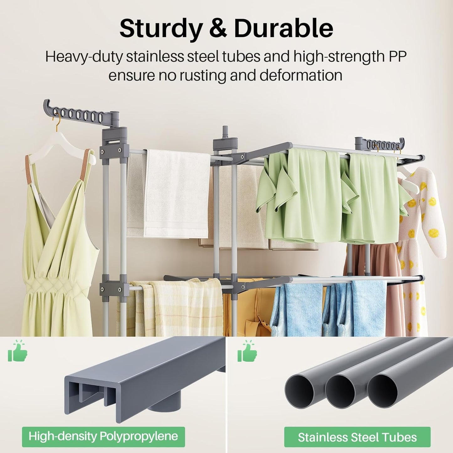 Behome Clothes Drying Rack, Oversized 4-Tier Collapsible Laundry Rack with Two Side Wings, Movable Drying Rack with 4 castors for Bed Linen, Clothing, Gray
